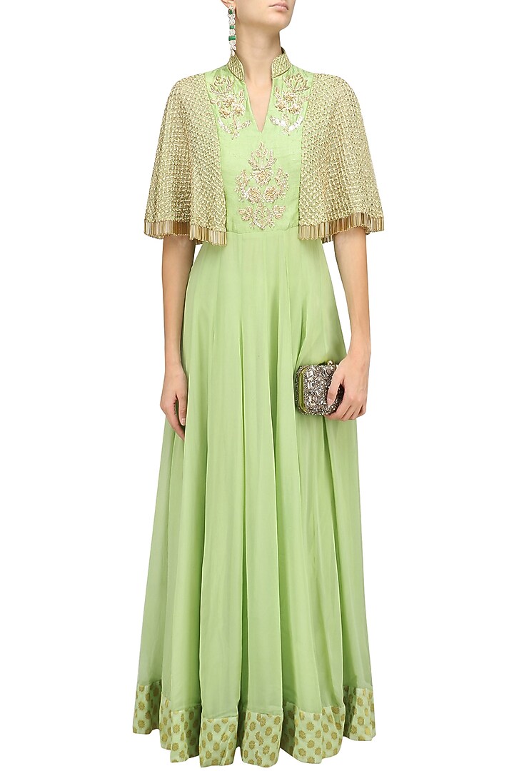 Green floral embroidered cape anarkali available only at Pernia's Pop Up Shop.
