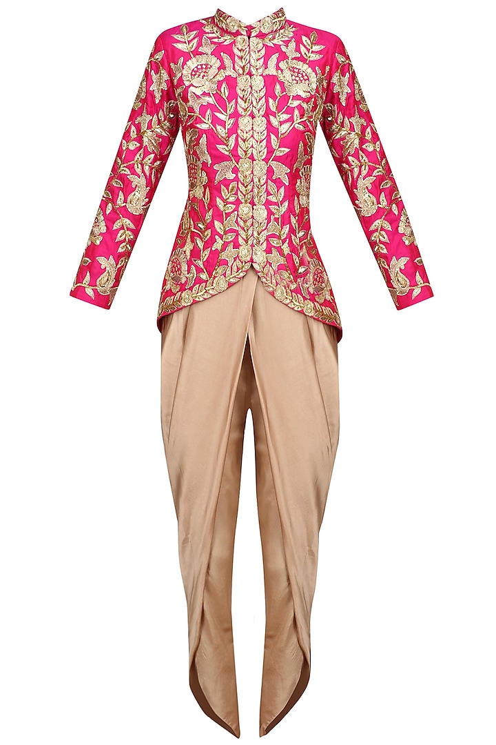 Pink Floral Embroidered Jacket with Gold Dhoti Pants by Chhavvi Aggarwal