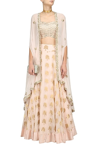 Pale Pink Floral Embroidered Lehenga, Blouse and  Cape Set by Chhavvi Aggarwal