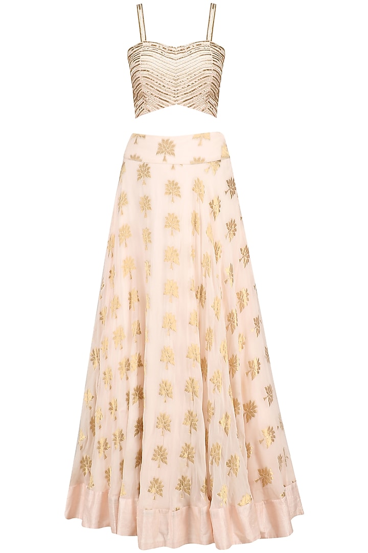 Pale pink floral embroidered lehenga, blouse and cape set available only at Pernia's Pop Up Shop.