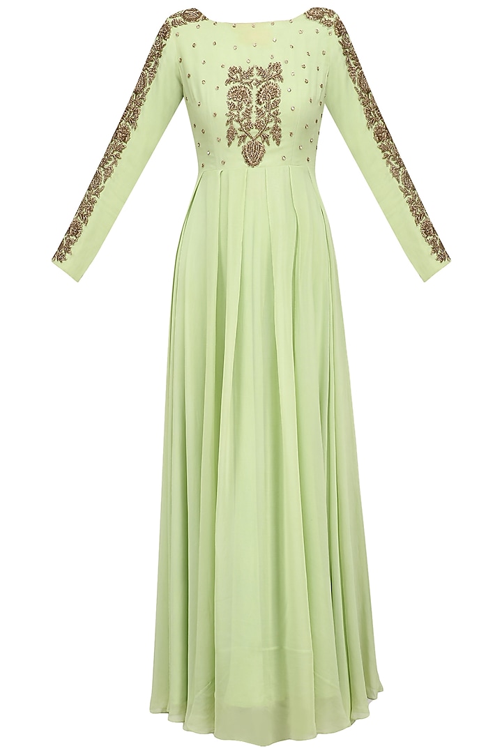 Mint Green Floral Embroidered Anarkali Set by Chhavvi Aggarwal