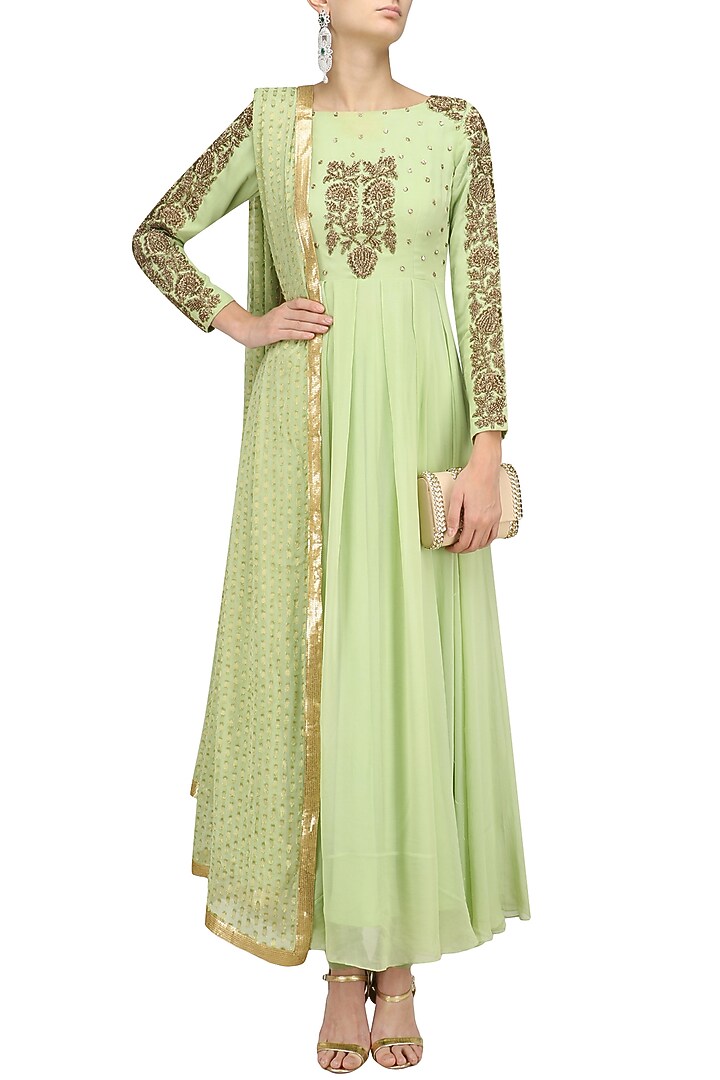 Mint green floral embroidered anarkali set available only at Pernia's Pop Up Shop.