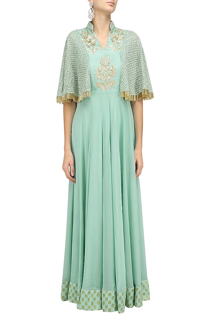 Aqua blue floral embroidered cape anarkali available only at Pernia's Pop Up Shop.