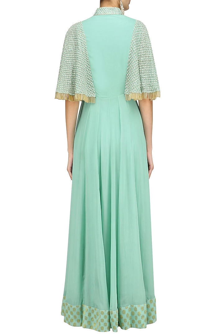 Aqua blue floral embroidered cape anarkali available only at Pernia's Pop Up Shop.