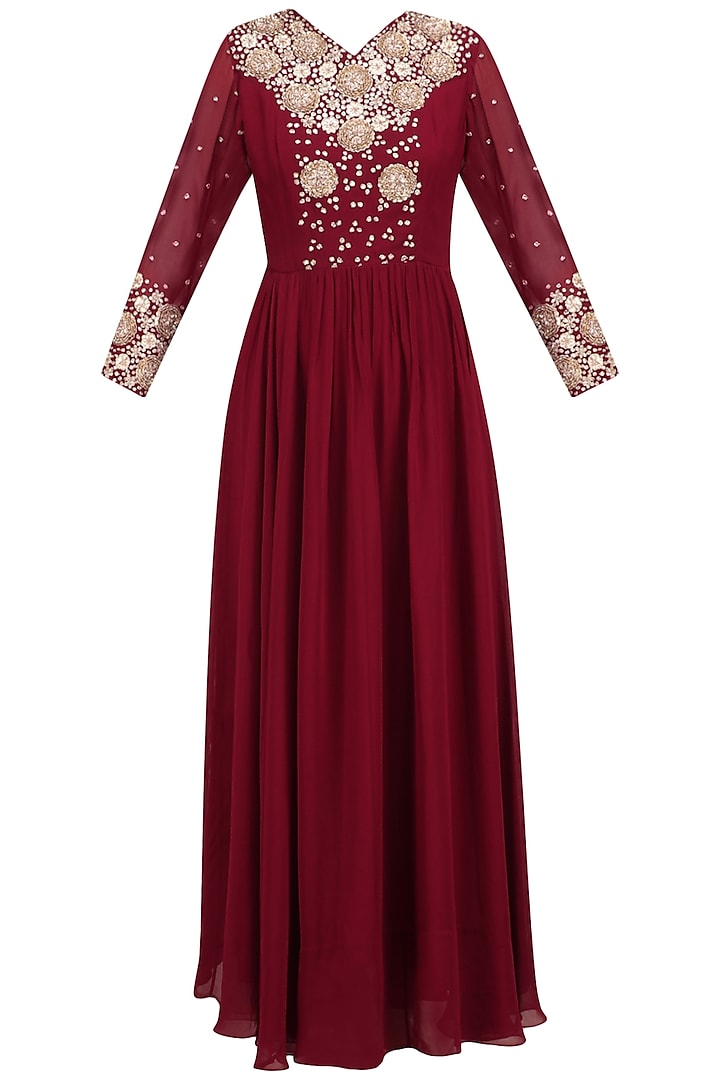 Maroon Floral Embroidered Anarkali Set by Chhavvi Aggarwal