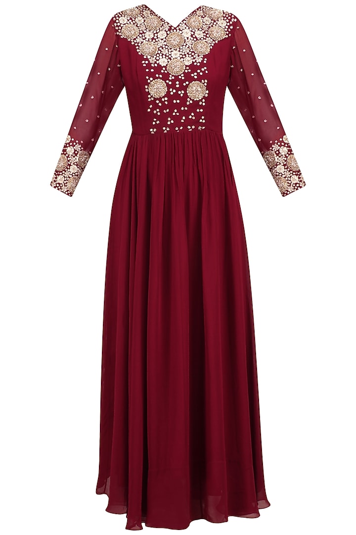 Maroon floral embroidered anarkali set available only at Pernia's Pop Up Shop.