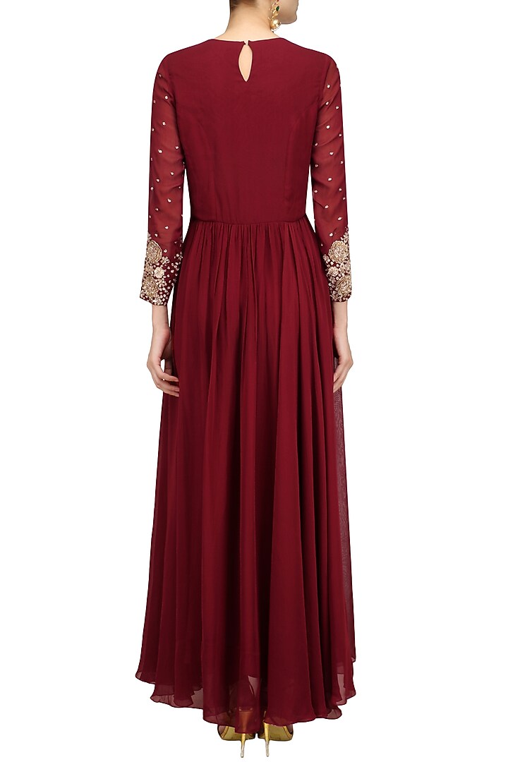 Maroon floral embroidered anarkali set available only at Pernia's Pop Up Shop.