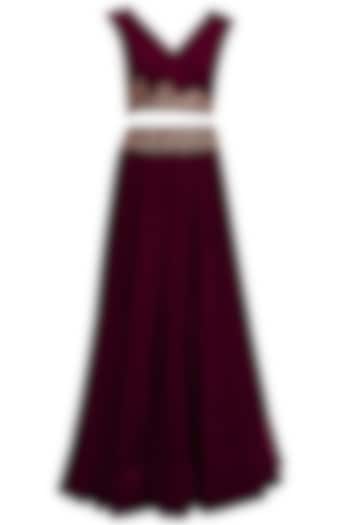 Wine dabka and zardozi embroidered crop top and skirt set available only at Pernia's Pop Up Shop.