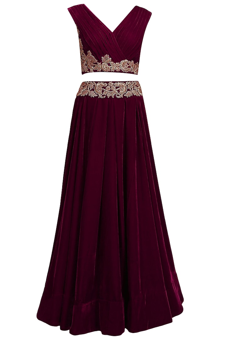 Wine dabka and zardozi embroidered crop top and skirt set available only at Pernia's Pop Up Shop.