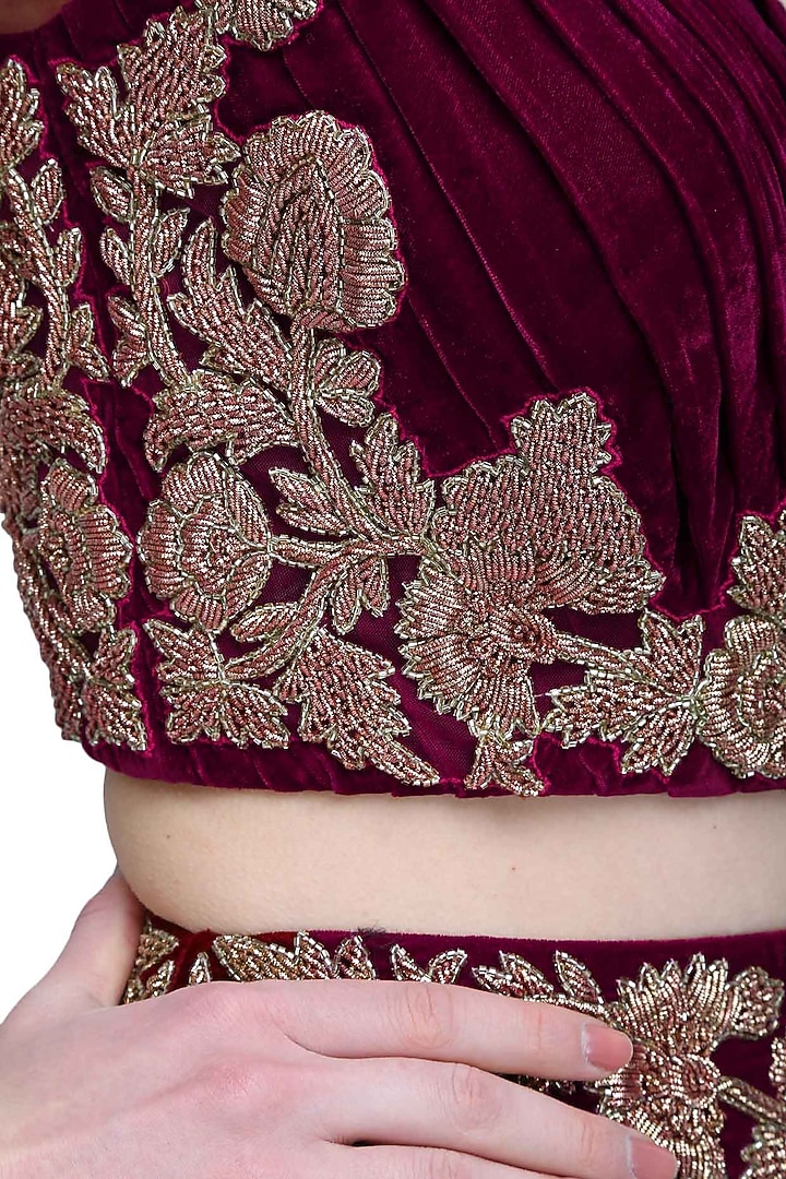 Wine dabka and zardozi embroidered crop top and skirt set available only at Pernia's Pop Up Shop.