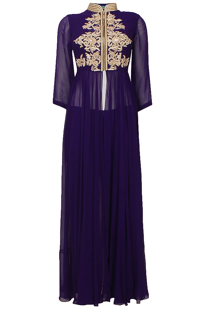Purple zardozi embroidered drape jacket and palazzo pants set available only at Pernia's Pop Up Shop.