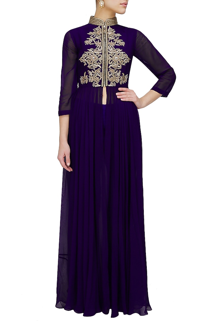 Purple zardozi embroidered drape jacket and palazzo pants set available only at Pernia's Pop Up Shop.