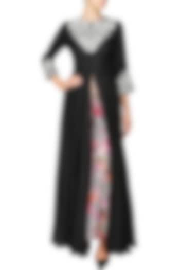 Black floral zardozi embroidered cape and printed pants set available only at Pernia's Pop Up Shop.