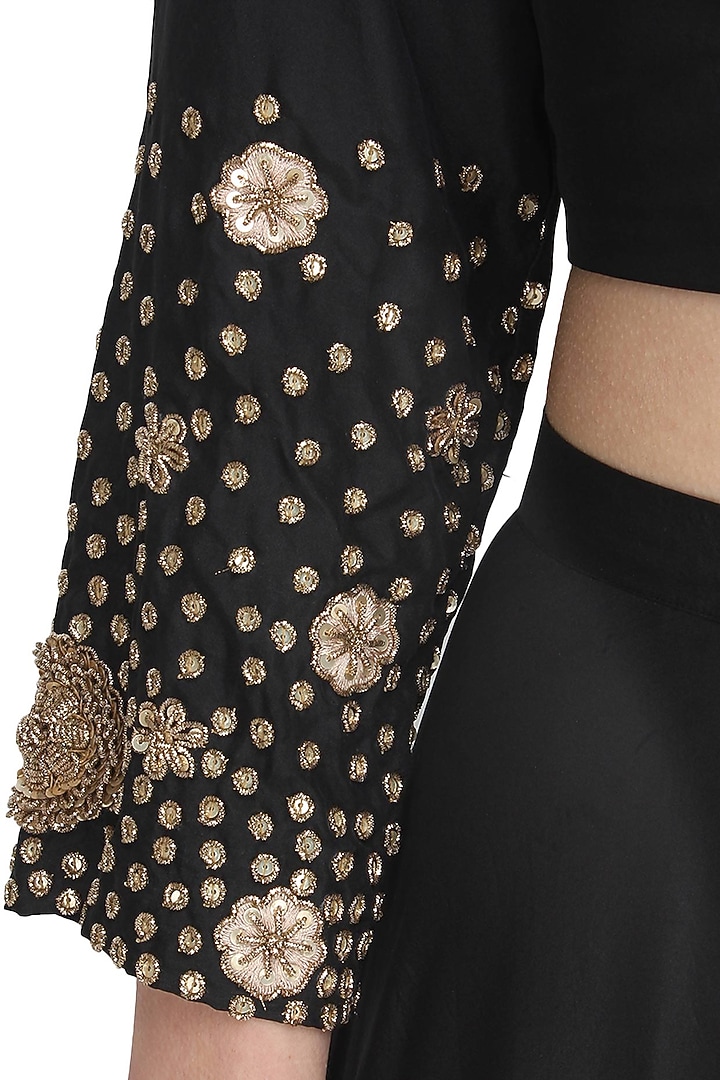 Black zardozi and sequins embroidered crop top and palazzo pants set available only at Pernia's Pop Up Shop.