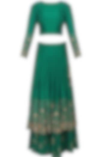 Green zardozi and sequins embroidered lehenga and crop top set available only at Pernia's Pop Up Shop.