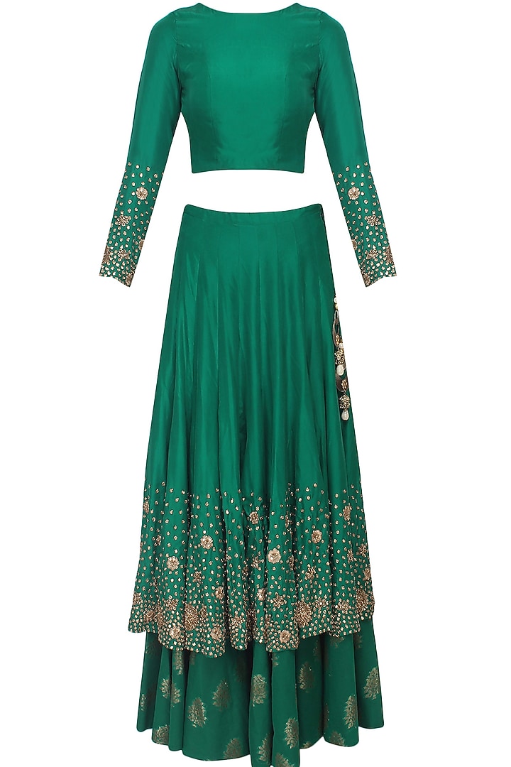 Green zardozi and sequins embroidered lehenga and crop top set available only at Pernia's Pop Up Shop.