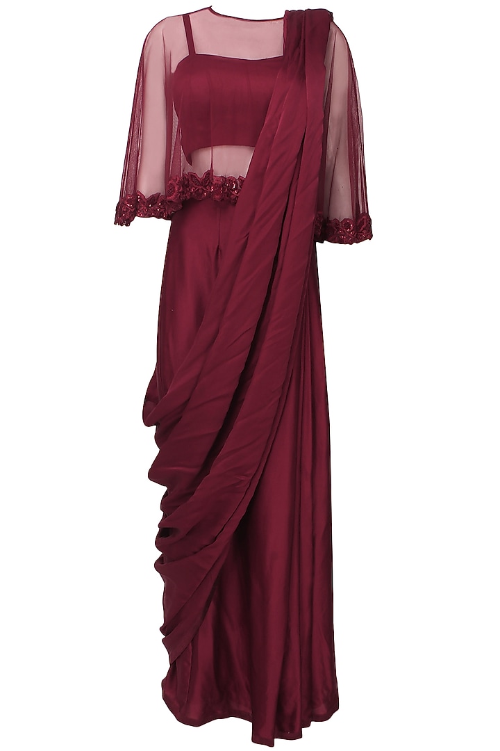 Oxblood satin sari with floral embroidered cape available only at Pernia's Pop Up Shop.