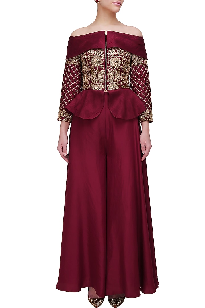 Maroon threadwork embroidered peplum jacket and palazo pants set available only at Pernia's Pop Up Shop.