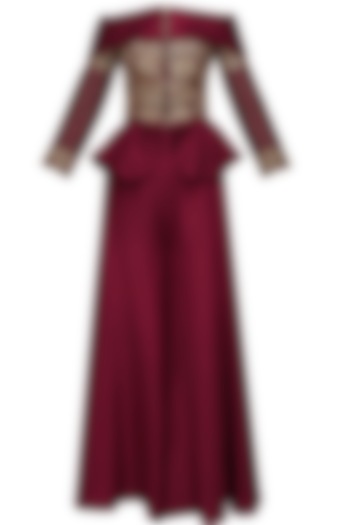 Maroon threadwork embroidered peplum jacket and palazo pants set available only at Pernia's Pop Up Shop.
