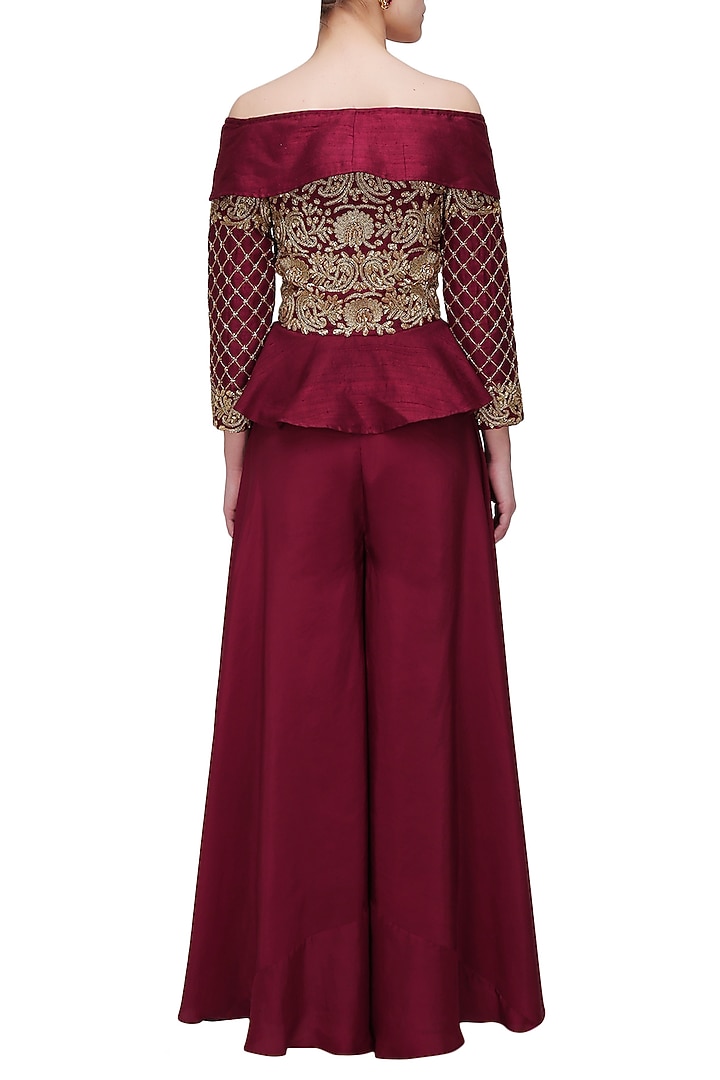 Maroon threadwork embroidered peplum jacket and palazo pants set available only at Pernia's Pop Up Shop.
