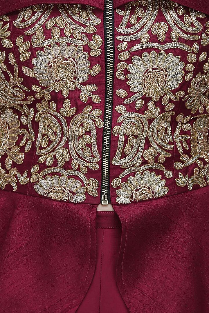 Maroon threadwork embroidered peplum jacket and palazo pants set available only at Pernia's Pop Up Shop.