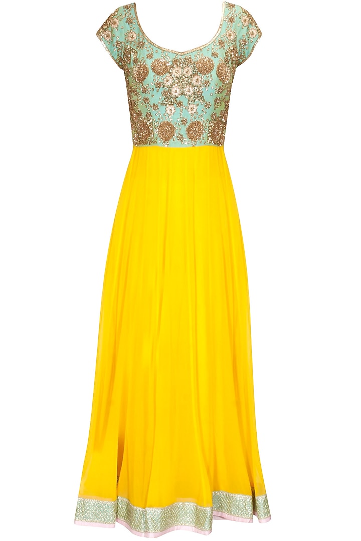 Yellow and blue zardosi embroidered anarkali set by Chhavvi Aggarwal
