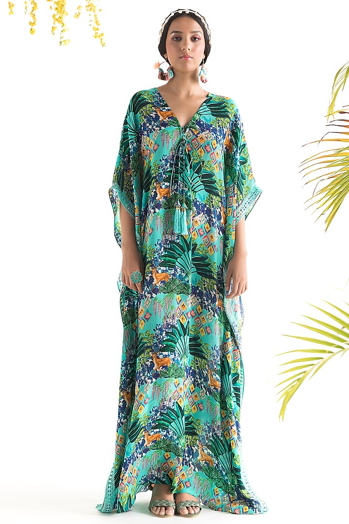 Aqua Blue Jungle Printed Kaftan by Chhavvi Aggarwal