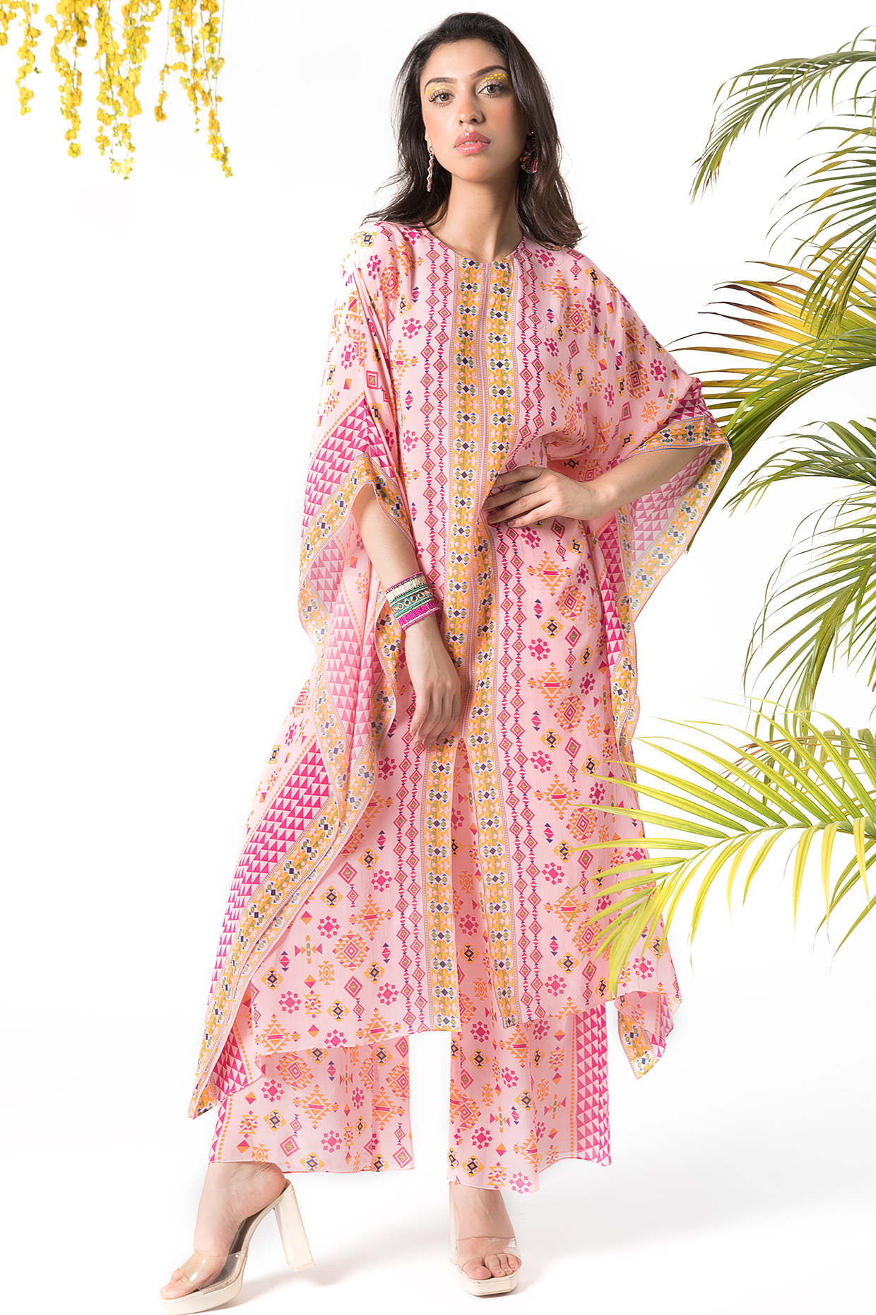 Pink Printed Crepe Kaftan Set by Chhavvi Aggarwal at Pernia's Pop Up Shop