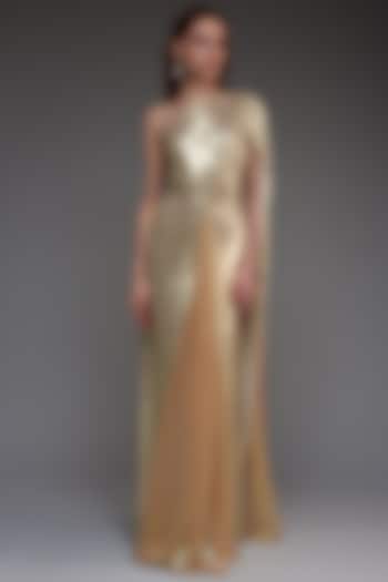 Champagne & Yellow Stretch knit foil One-Shoulder Draped Gown by CHAM CHAM