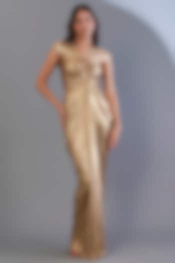 Gold Stretch Knit Foil Draped Gown by CHAM CHAM