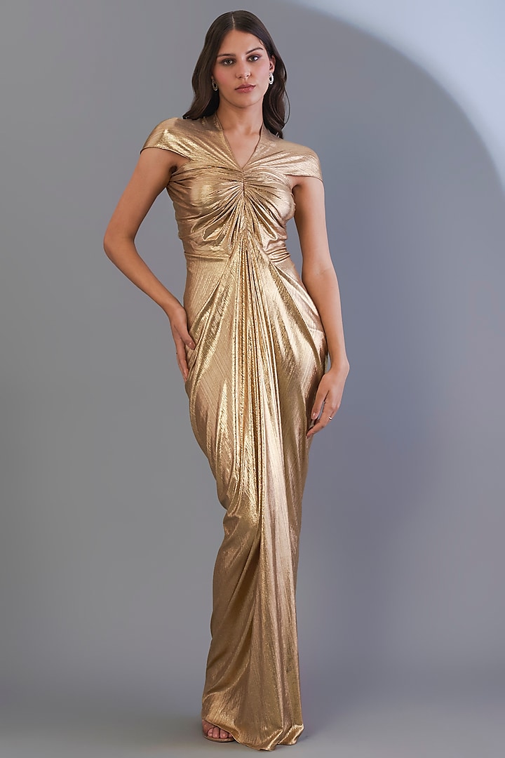 Gold Stretch Knit Foil Draped Gown by CHAM CHAM