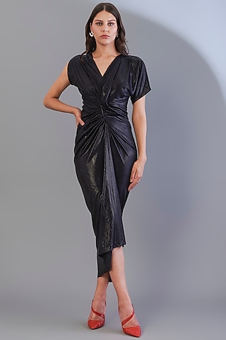 Black Metal Stretch Knit Foil Midi Dress by CHAM CHAM