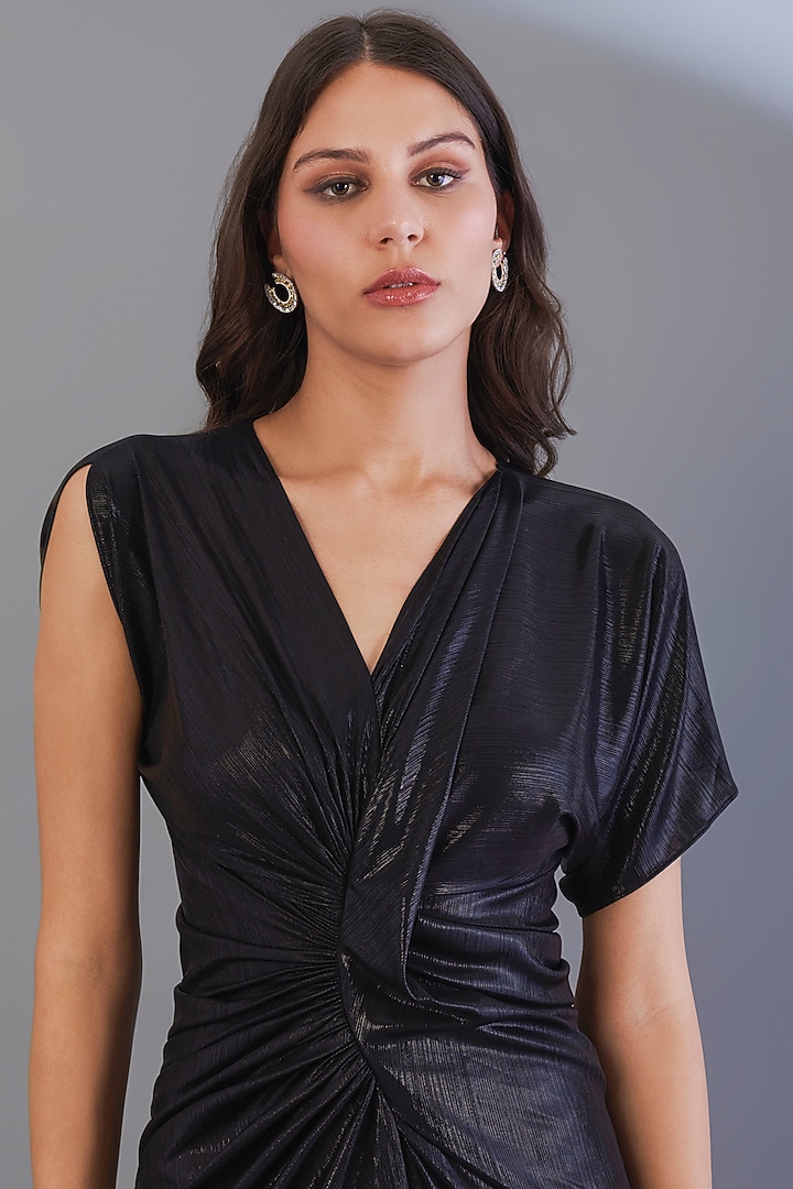 Black Metal Stretch Knit Foil Midi Summer Dress by CHAM CHAM at Pernia's Pop Up Shop