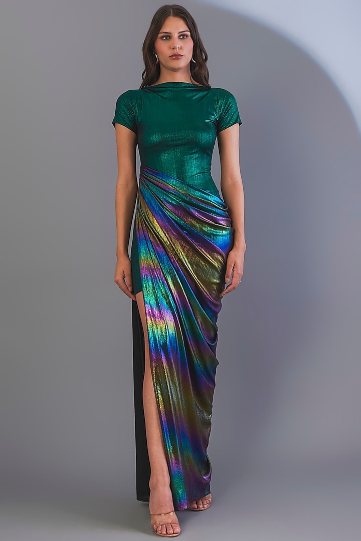 Holograph Iridescent Slit Gown by CHAM CHAM