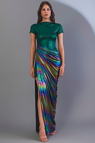 Holograph Iridescent Slit Gown by CHAM CHAM