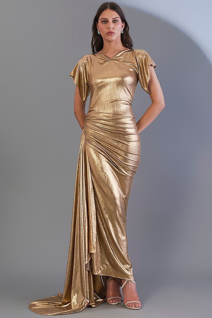 Gold Stretch Knit Foil Bodycon Gown by CHAM CHAM