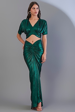 Metallic Bottle Green Stretch Knit Foil Skirt Set by CHAM CHAM