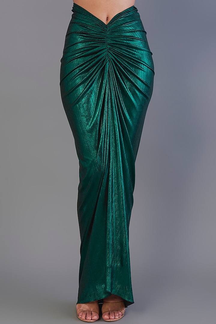 Metallic Bottle Green Stretch Knit Foil Skirt Set by CHAM CHAM at Pernia's Pop Up Shop