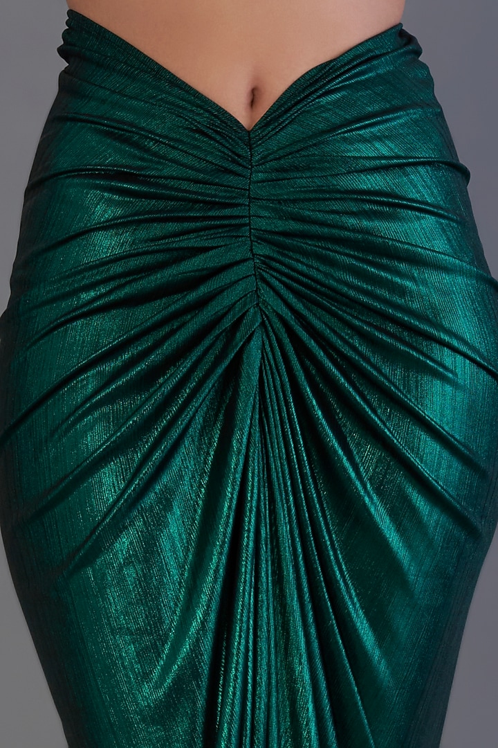 Metallic Bottle Green Stretch Knit Foil Skirt Set by CHAM CHAM at Pernia's Pop Up Shop