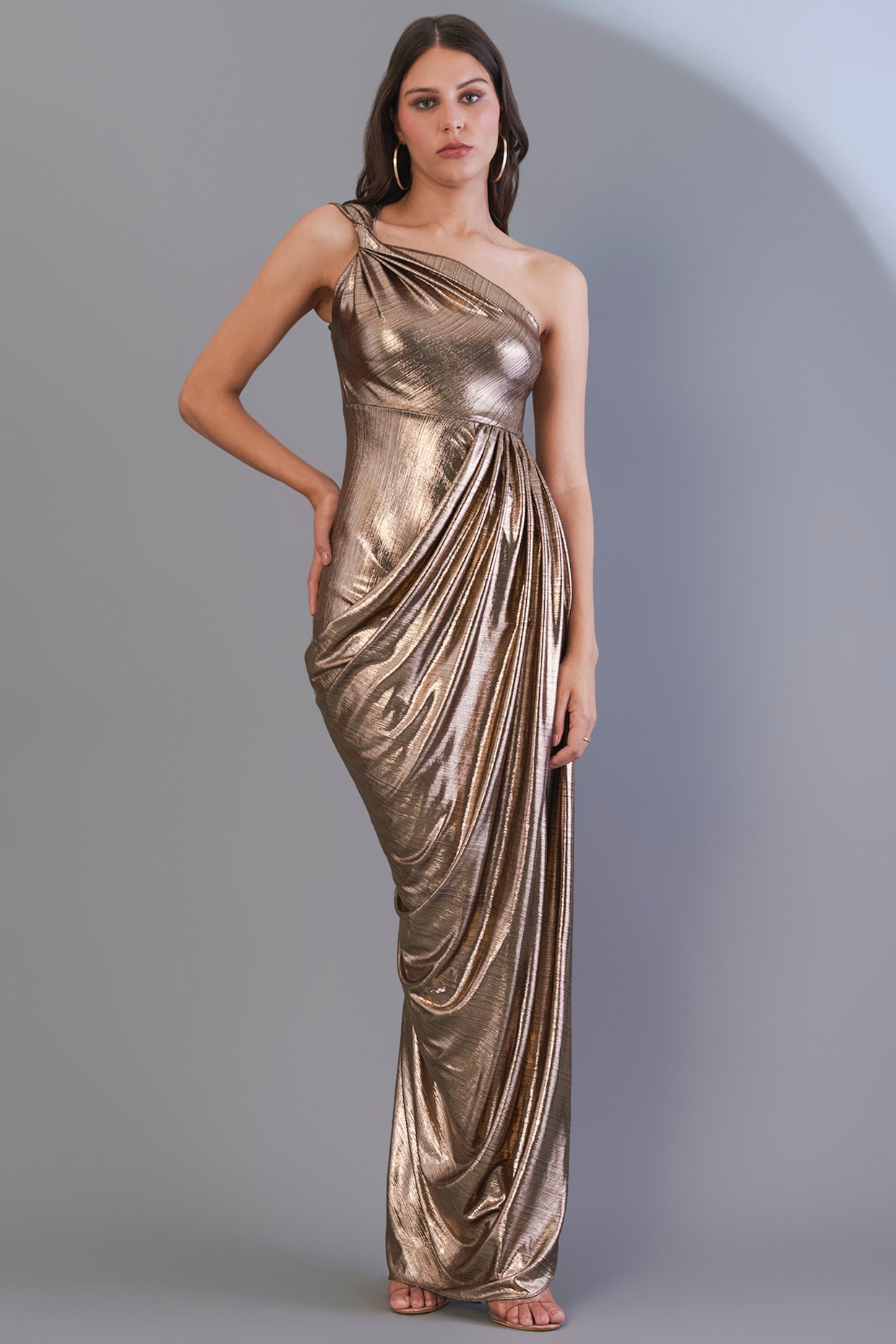 Bronze Stretch Knit Foil One Shoulder Gown by CHAM CHAM at Pernia s Pop Up Shop 2024