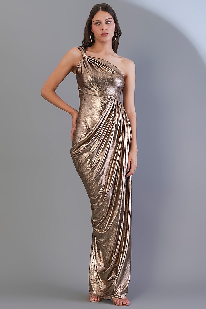 Bronze Stretch Knit Foil One-Shoulder Gown by CHAM CHAM