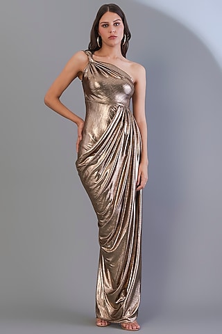 Bronze Stretch Knit Foil One-Shoulder Gown by CHAM CHAM