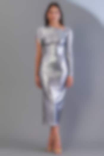 Silver Stretch Knit Foil Midi Dress by CHAM CHAM