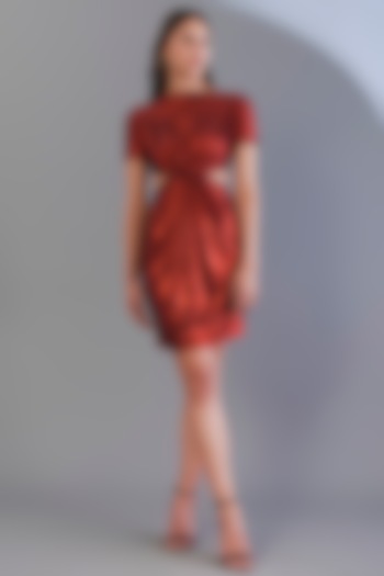 Metallic Red Stretch Knit Foil Mini Dress by CHAM CHAM
