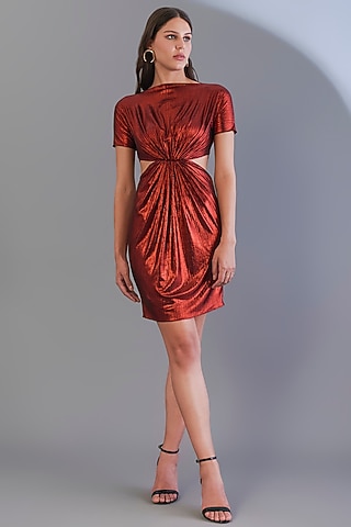 Metallic Red Stretch Knit Foil Mini Dress by CHAM CHAM