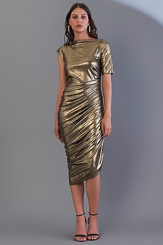Antique Gold Bodycon Midi Dress by CHAM CHAM