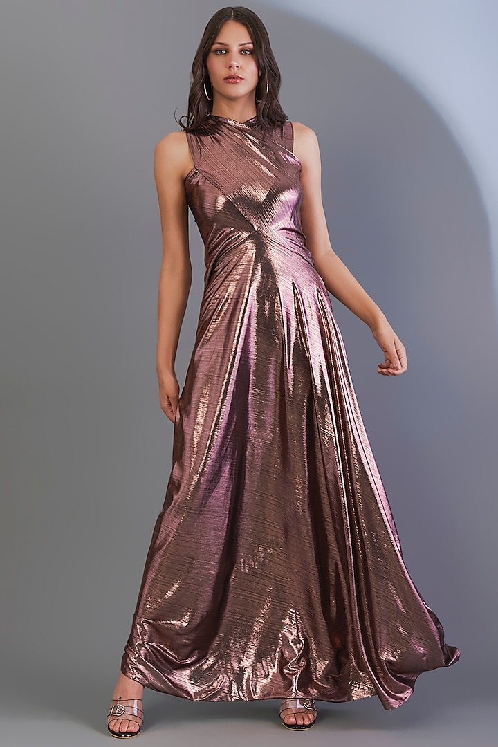 Dark Rose Gold Stretch Knit Foil Gown by CHAM CHAM
