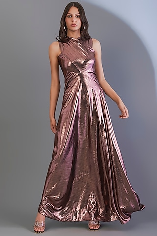 Dark Rose Gold Stretch Knit Foil Gown by CHAM CHAM