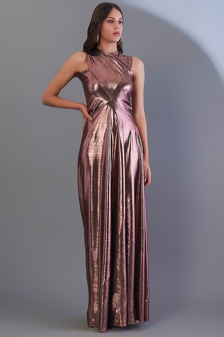 Dark Rose Gold Stretch Knit Foil Gown by CHAM CHAM at Pernia's Pop