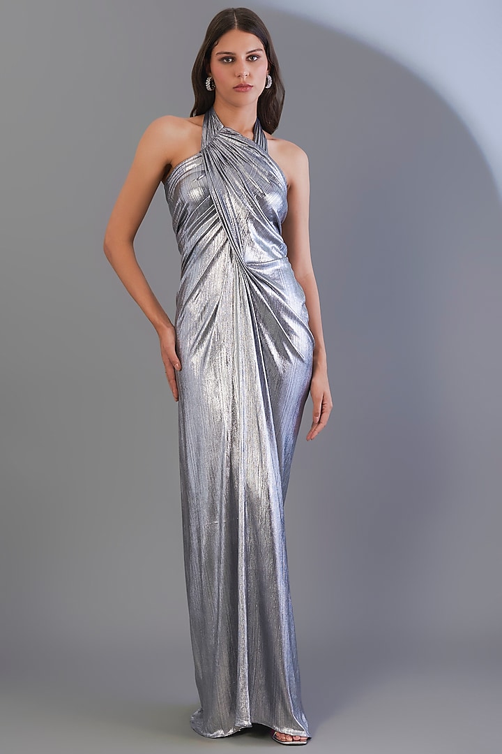 Silver Stretch Knit Foil Draped Gown by CHAM CHAM